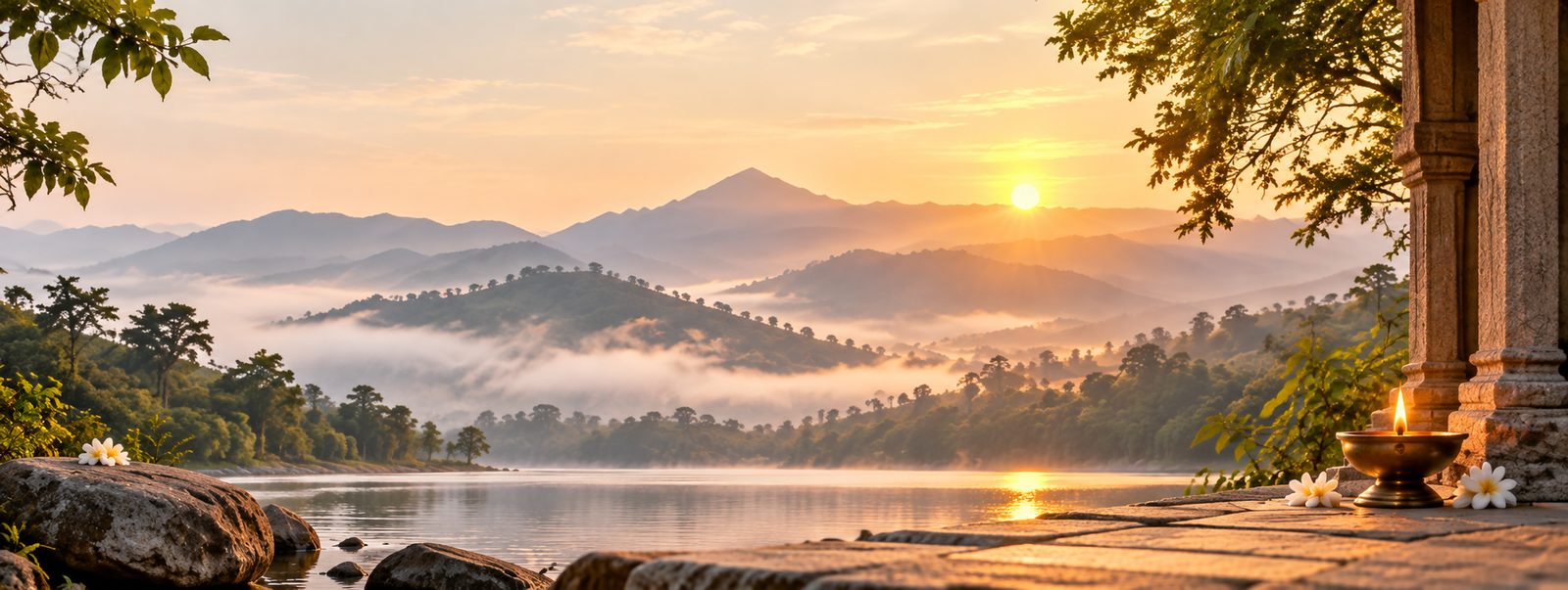 A serene Himalayan sunrise over misty hills with a temple diya and flowers