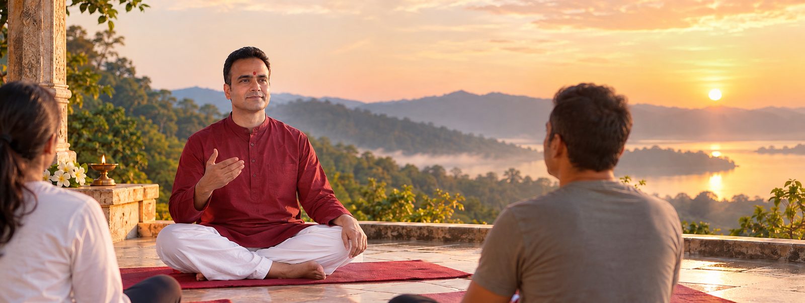 Ashish Anant guiding a live yoga session at sunrise over the hills